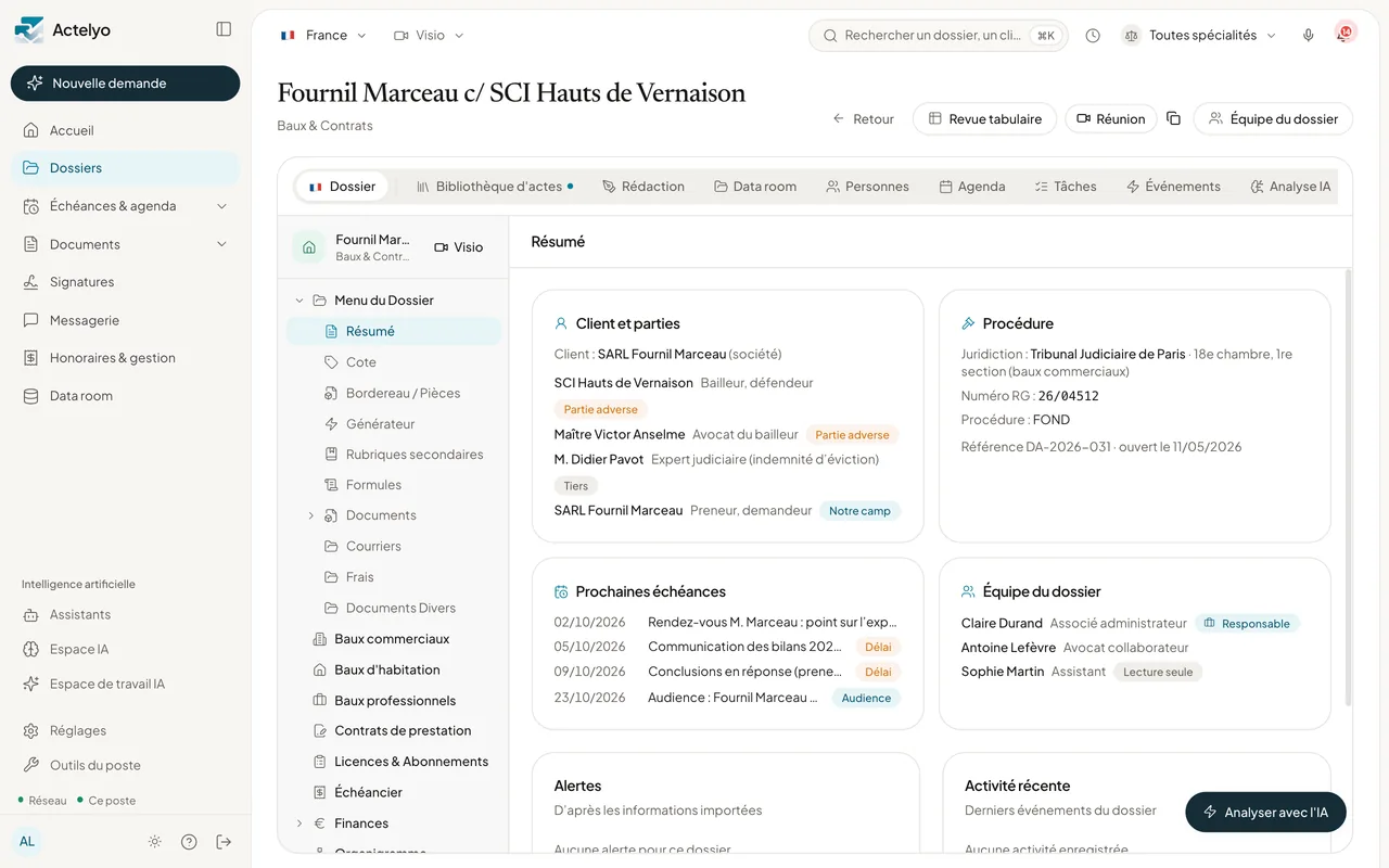 Fiche du dossier « Fournil Marceau c/ SCI Hauts de Vernaison » (bail commercial, cabinet fictif) : le client et les parties avec leur camp, la juridiction et le numéro de rôle, les prochaines échéances (délais, audience) et l'équipe du dossier.
