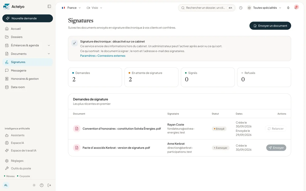 Écran Signatures d'Actelyo sur un cabinet fictif : le bandeau indique que la signature électronique est désactivée et ce qui sortirait si on l'activait ; deux demandes suivies, l'une envoyée, l'autre à envoyer.